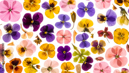 Pressed pansies and other flowers, vibrant colors, arranged on white background.
