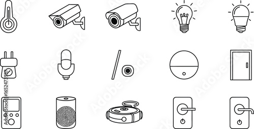 Collection of smart home automation icons, featuring various devices and sensors for a connected and secure living space