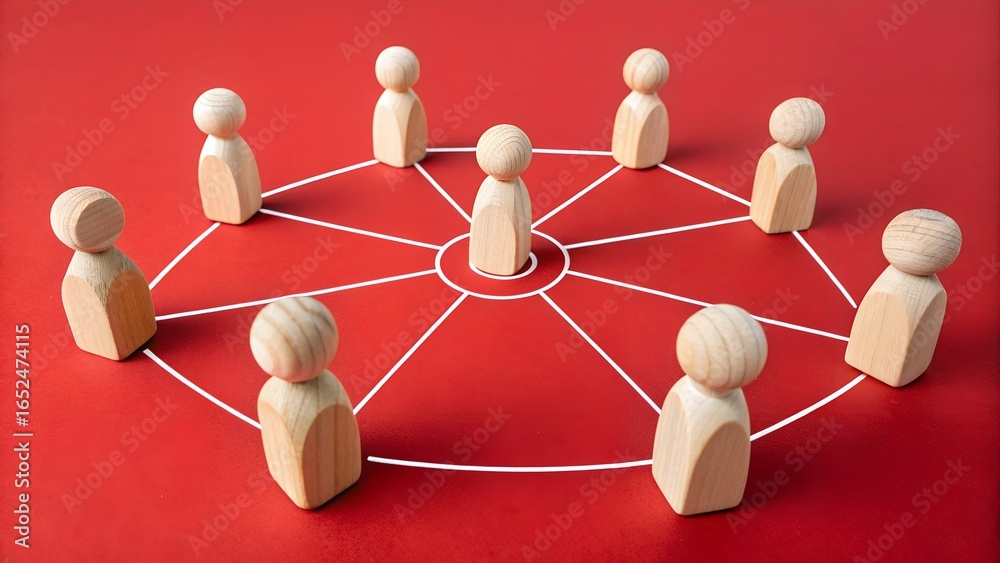 Obraz premium Nine wooden figurines arranged in a circle with white lines connecting them to a central figure on red background – Teamwork and collaboration, organizational structure, abstract, networking