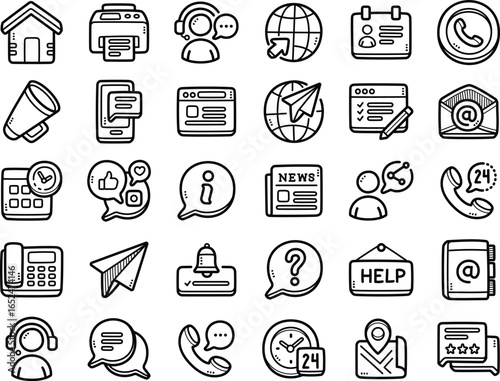 Contact us hand-drawn doodle art illustrations and elements - such as address , contact us, online service and social media.