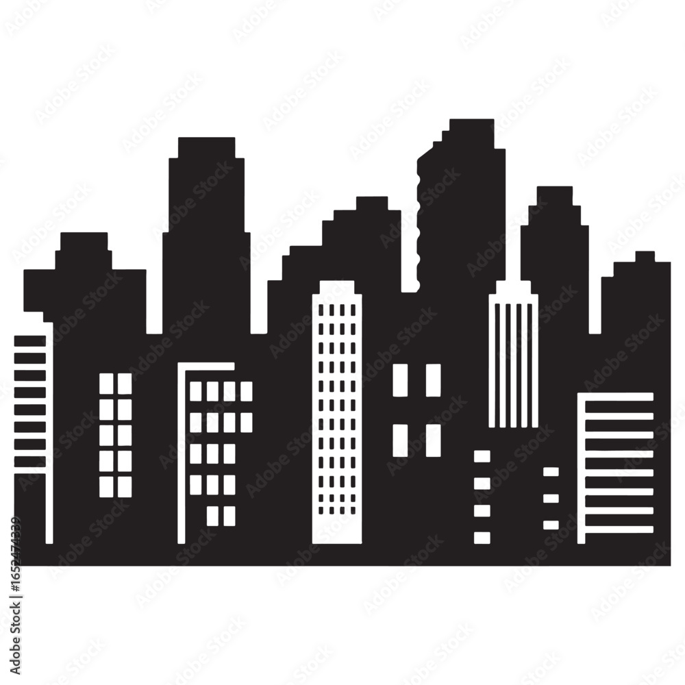 Obraz premium Black and White Vector Silhouette of Modern City Skyline