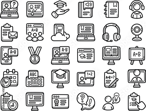 E-learning hand-drawn doodle art illustrations and elements - such as online study, blackboard, video course and online quiz.