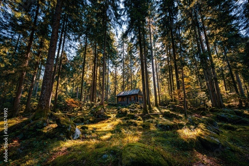 Rustic Cabin Nestled Amidst Sunlit Autumn Forest