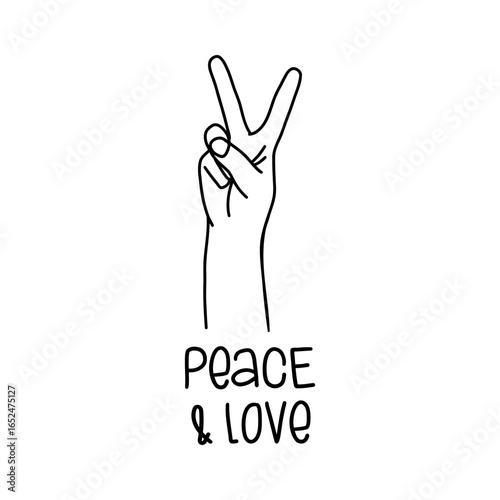 Black and white drawing of a hand showing peace sign with the phrase "Peace & love"