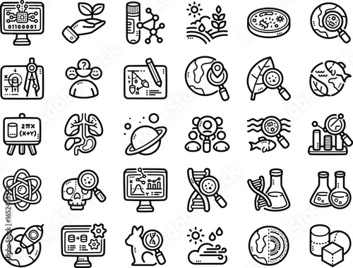 Branch of science hand-drawn doodle art illustrations and elements - such as biochemistry, anatomy, biology and atomic physics.