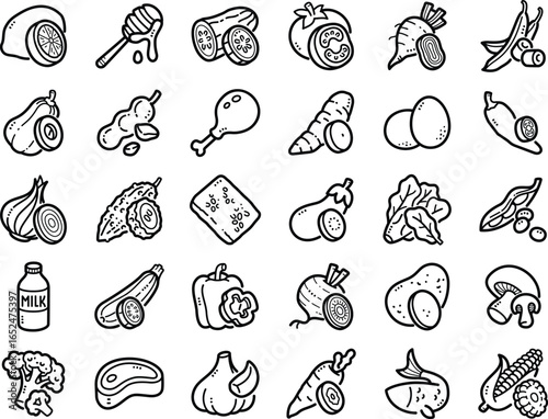 Raw food hand-drawn doodle art illustrations and elements - such as fresh fish, fresh meat, honey and mushrooms.