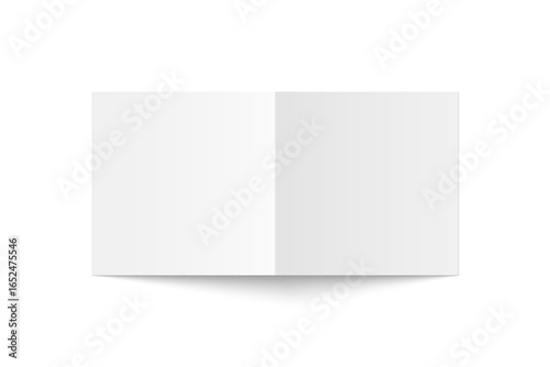 Vector white blank square bi fold opened on white background. Bifold, leaflet, brochure, booklet, flyer or invitation card mockup. Mock up back side isolated. 3D illustration