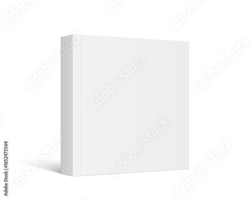 Vector mockup of square standing paperback book with white blank softcover isolated. Book, catalog or magazine mock up on white background. 3d illustration. Diminishing perspective.