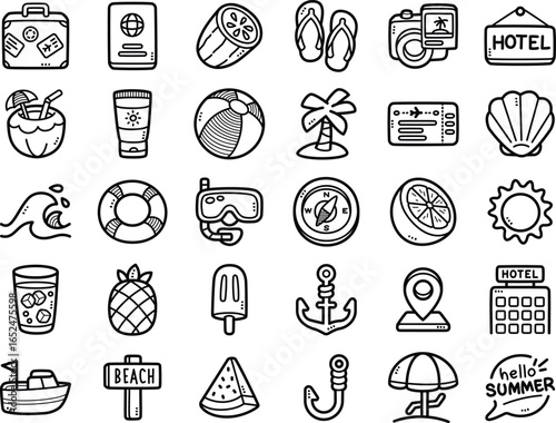 Summer time hand-drawn doodle art illustrations and elements - such as sun, speedboat, travel luggage and snorkel gear.