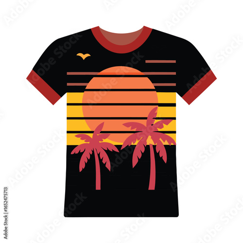 A trendy black t-shirt featuring a bold retro-style graphic with rainbow gradient stripes, palm trees, flying birds, and the word "DESIGN." Perfect for casual wear, summer outfits, and fashion lovers 