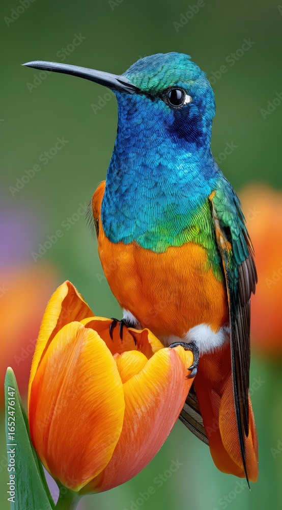 Fototapeta premium Hummingbird perched on an orange tulip