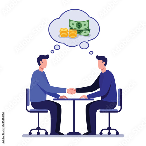 Two businessmen shaking hands over a table, thinking about money, isolated on white background