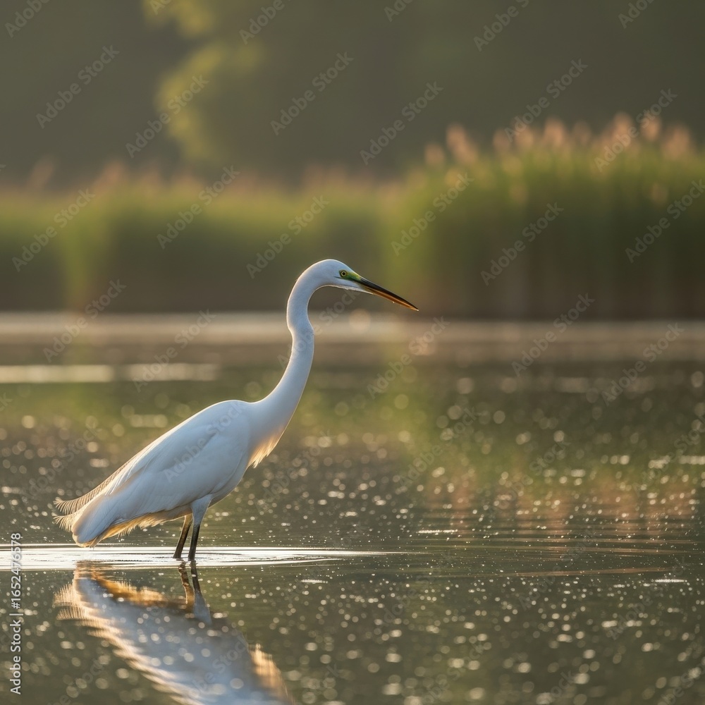 Obraz premium Elegant great egret standing gracefully in shallow water at sunrise