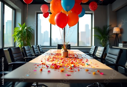 Festive corporate office meeting room decorated with colorful balloons and scattered confetti. Celebrating birthdays, anniversaries, or events. Joyful atmosphere perfect for parties, celebrations.