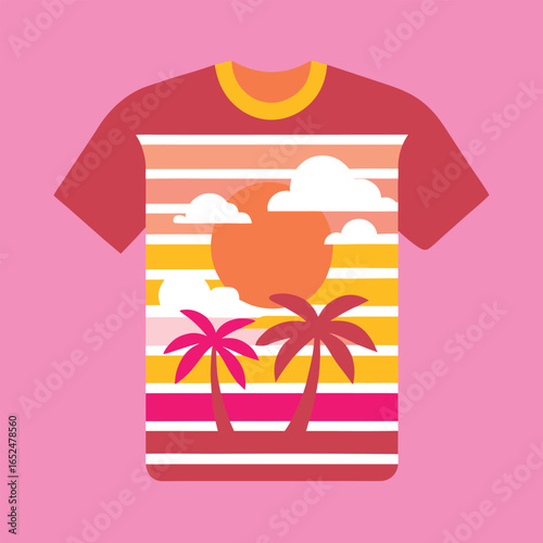 A trendy black t-shirt featuring a bold retro-style graphic with rainbow gradient stripes, palm trees, flying birds, and the word "DESIGN." Perfect for casual wear, summer outfits, and fashion lovers 