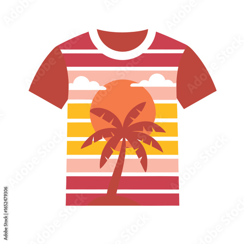 A trendy black t-shirt featuring a bold retro-style graphic with rainbow gradient stripes, palm trees, flying birds, and the word "DESIGN." Perfect for casual wear, summer outfits, and fashion lovers 