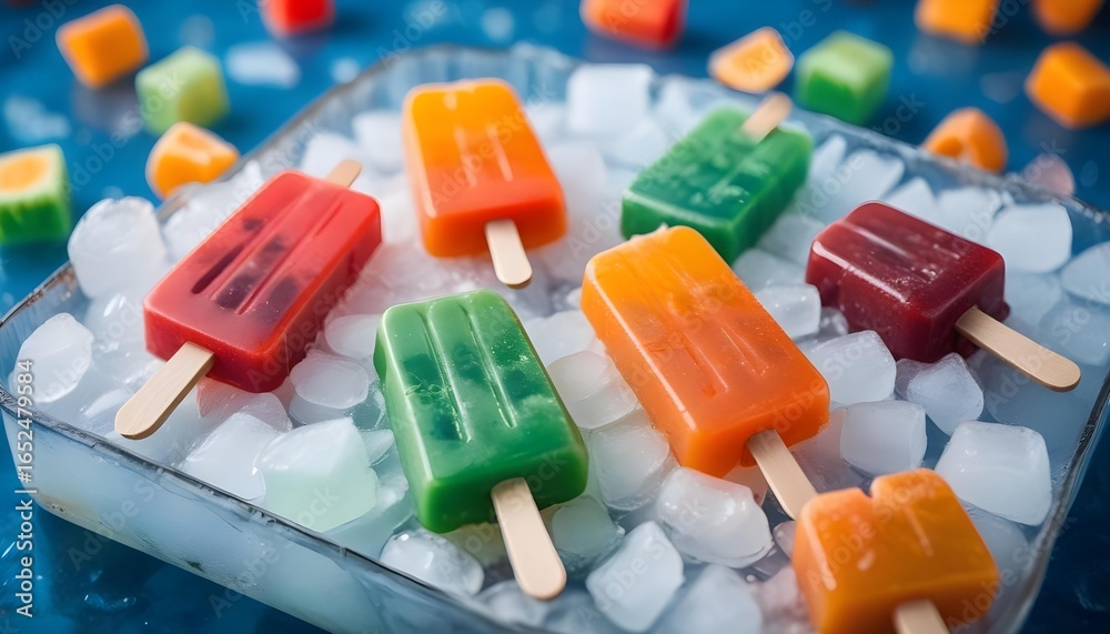 Naklejka premium Colorful popsicles on ice offer a refreshing and cool summer treat.