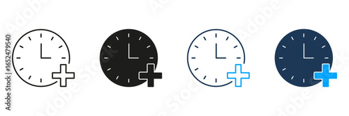 Clock With Plus Sign Line And Solid Icon Set. Time Management, Schedule Addition, And Event Planning Symbol Collection. Efficiency And Productivity Enhancement. Isolated Vector Illustration