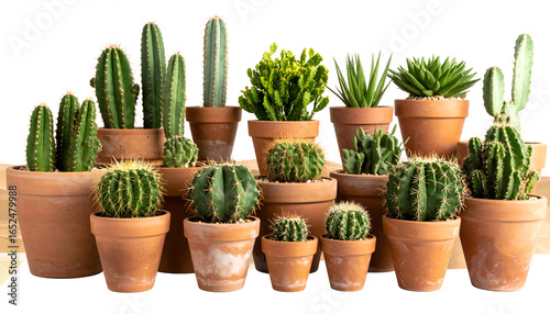 A collection of various cacti and succulent plants displayed in terracotta pots against a light background.