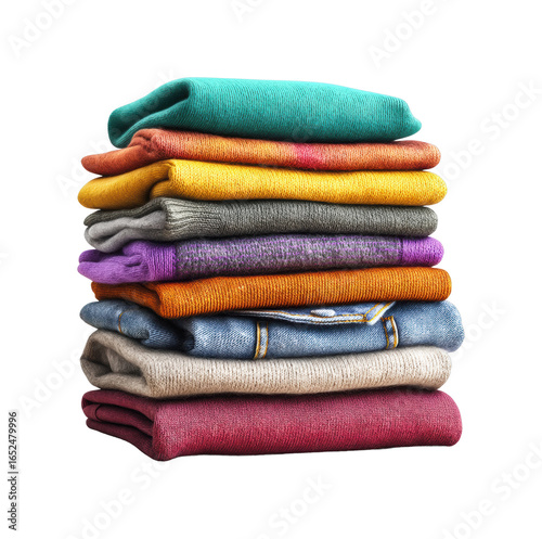 Colorful stacked sweaters home textile display cozy atmosphere top view isolated on transparent background, png