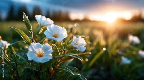 Soft white flowers bloom gracefully in a vibrant green field, kissed by morning dew and glowing sunlight, symbolizing beauty, purity, and the promise of new beginnings.