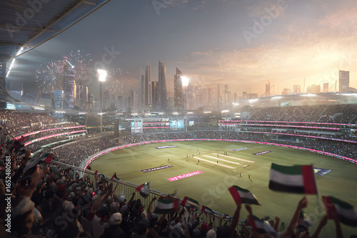Cricket stadium filled with cheering fans, fireworks illuminate the skyline during a thrilling match at sunset, celebrating national pride