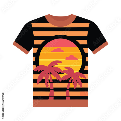 A trendy black t-shirt featuring a bold retro-style graphic with rainbow gradient stripes, palm trees, flying birds, and the word "DESIGN." Perfect for casual wear, summer outfits, and fashion lovers 