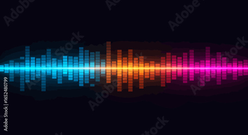 A vibrant graphic with blue orange and pink equalizer bars arranged horizontally on a dark background