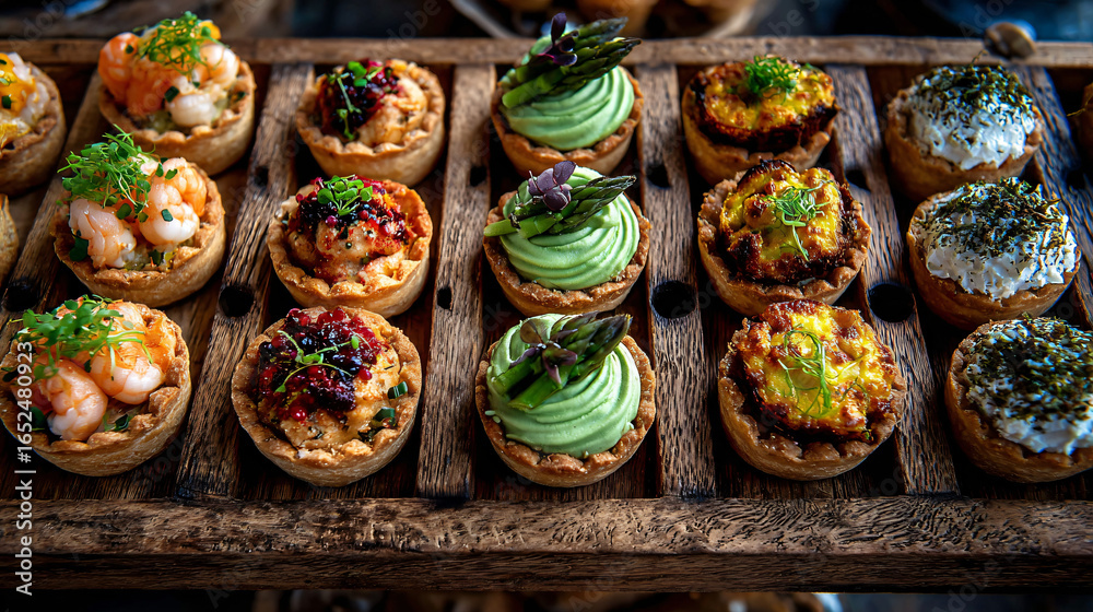 Fototapeta premium Artistic display of assorted tartlets at the Tartelet Festival in Odense. A long wooden counter filled with different variations--classic chicken and asparagus, seafood tartlets