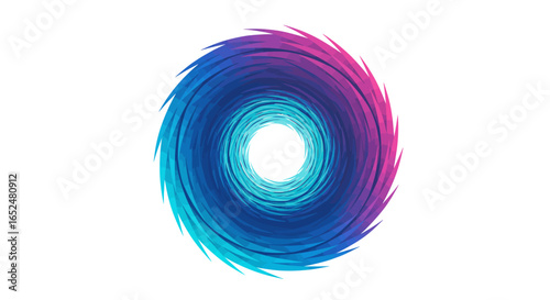 A circular spiraling graphic design with blue cyan and pink shades on a white background