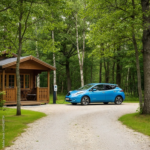 Charging an electric vehicle at a cozy cabin surrounded by lush woods in a serene natural setting