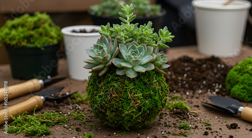 Handcrafted Kokedama Moss Ball with Succulents, Surrounded by Gardening Tools and Soil on a Wooden Table