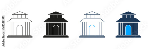 Bank Building Line And Solid Icon Set. Financial Institution, Savings, And Economic Stability Symbol Collection. Banking And Finance Representation. Isolated Vector Illustration