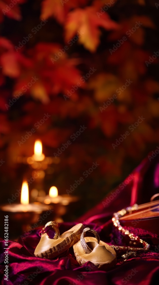 Naklejka premium Traditional castanets resting on crimson silk, glowing with candlelight and autumn foliage behind. 