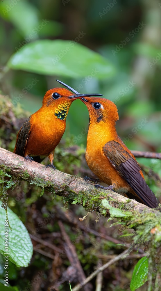 Fototapeta premium Two rufous hummingbirds on a branch