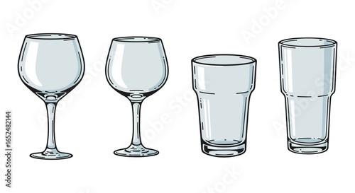 Hand Drawn Illustration of Various Empty Glasses for Wine and Other Drinks