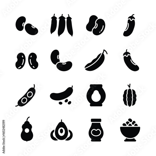 Collection of various bean and legume icons isolated on white background for food and agriculture themes