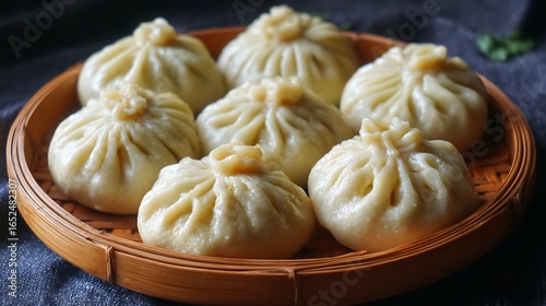 Soft and fluffy steamed maida flour momos, perfectly arranged in a circular bamboo plate, with each fold and steam texture clearly visible.