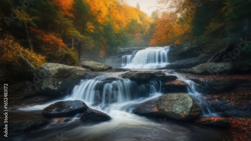 Ethereal Autumn Waterfall with Silky Cascades and Golden Forest Glow