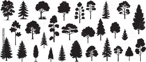 A comprehensive collection of diverse tree silhouettes, featuring various species and sizes.