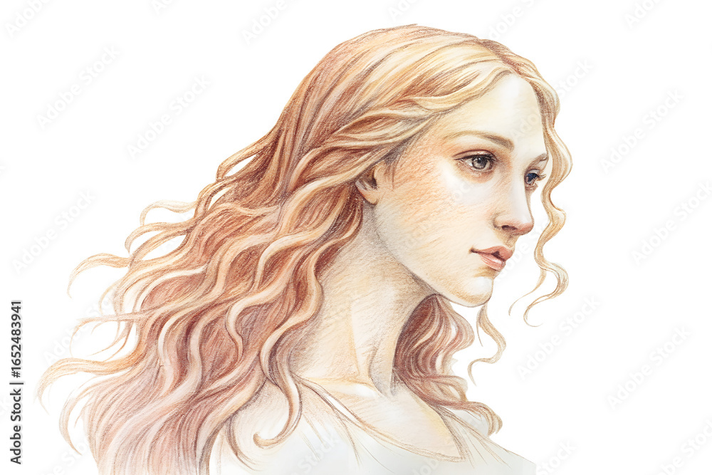Naklejka premium Elegant Woman Portrait Drawing with Flowing Hair