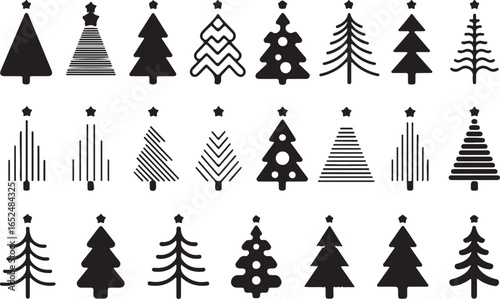 A large collection of Christmas tree silhouettes in various styles, some with decorations and lights.