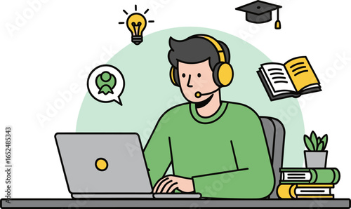 Engaged student with headphones learning online, surrounded by educational symbols and books