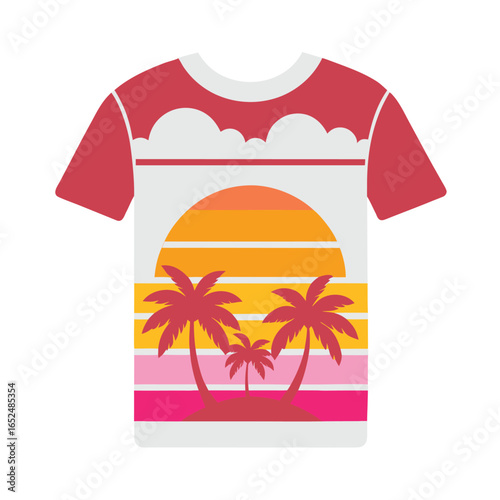 A trendy black t-shirt featuring a bold retro-style graphic with rainbow gradient stripes, palm trees, flying birds, and the word "DESIGN." Perfect for casual wear, summer outfits, and fashion lovers 