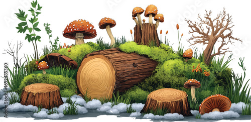  Enchanted Log with Mushrooms and Ivy Leaves