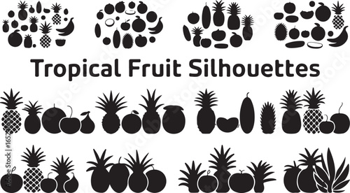 A collection of various tropical fruit silhouettes arranged in different layouts and shapes.