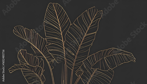 Golden line art illustration of banana leaves against a dark gray background, creating a modern and elegant botanical design.