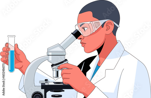 Scientist diligently examines sample with microscope, holding test tube with blue liquid in modern lab