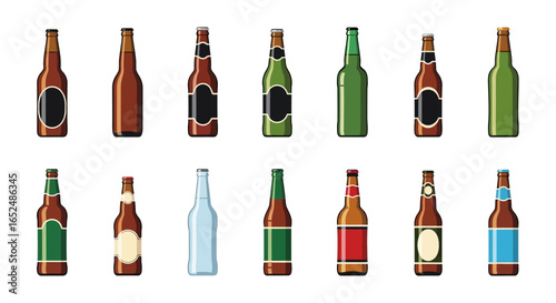 Vector Icons Set of A Diverse Collection of Stylized Beer Bottles in a Clean Vector Graphic Style. Vector Illustrations. EPS Editable