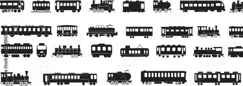 A comprehensive collection of various train and railway car silhouettes.